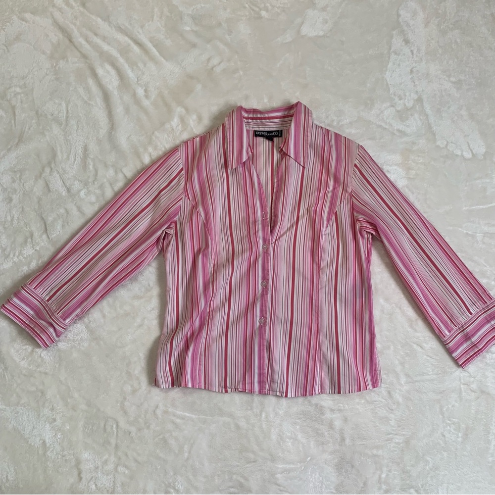 KASPER AND CO. PETITE Pink and White striped button down shirt